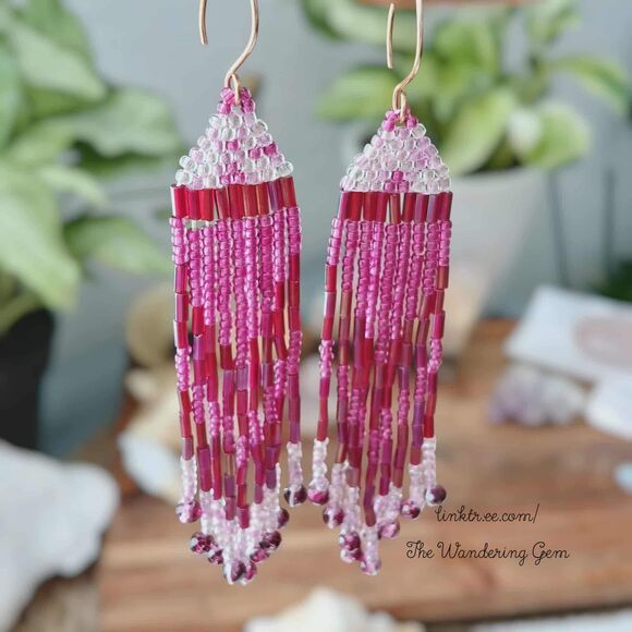 Beaded Fringe Cascade Shoulder Duster Dangle Earrings, Boho Chic Plum 4" - Picture 6 of 6
